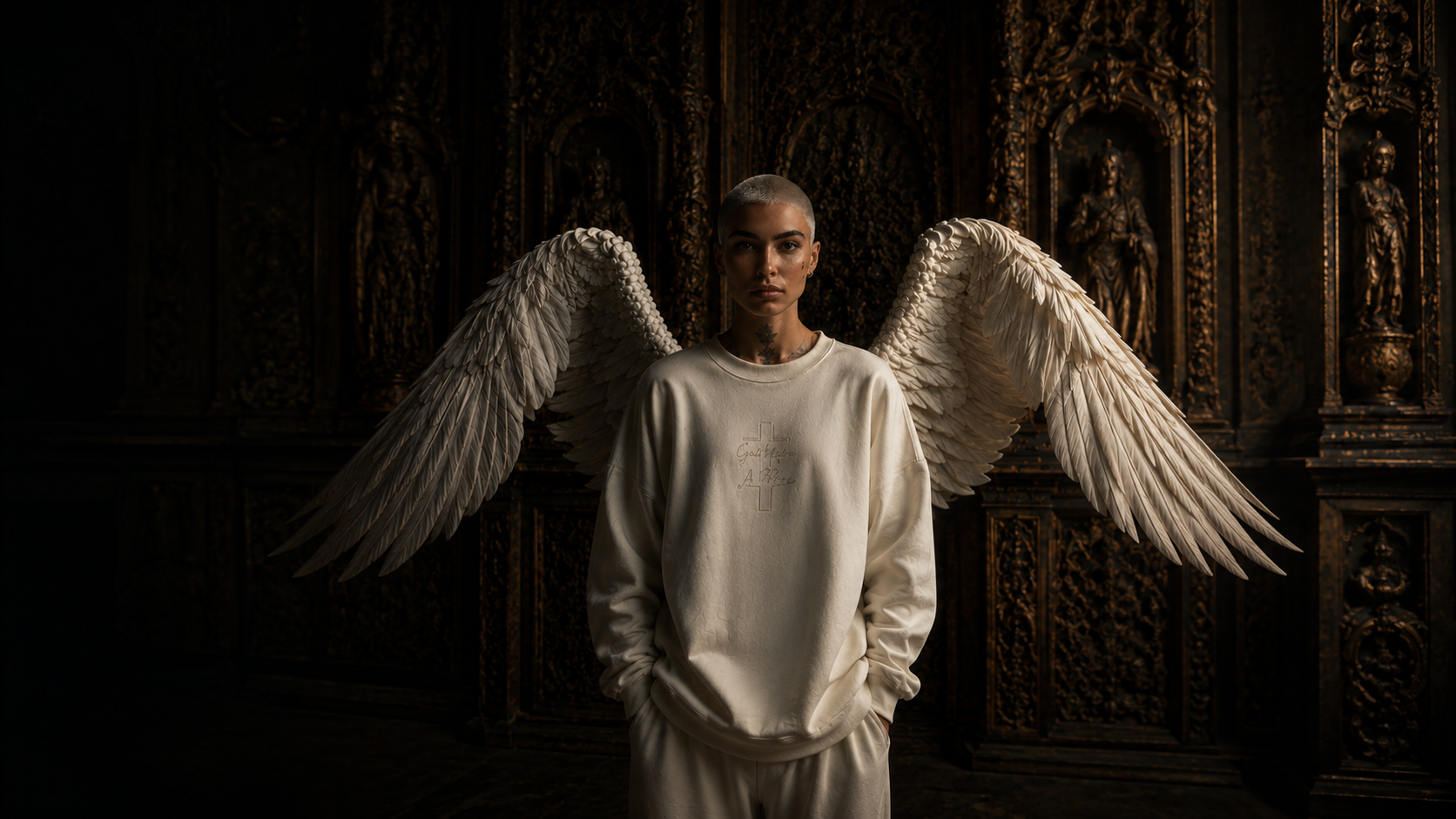 NSTR hero — model with angel wings, landscape